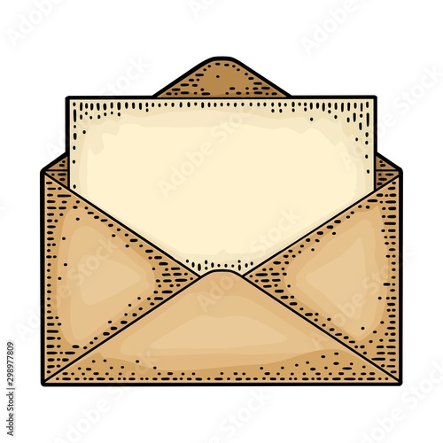 Open envelope with blank paper. Vector black vintage engraving