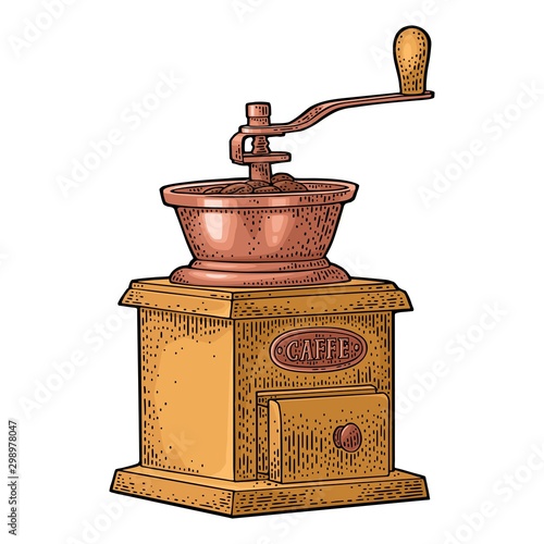 Coffee mill. Hand drawn sketch style. Vintage color vector engraving