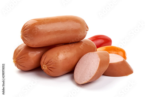 Fresh pork boiled sausages, isolated on white background