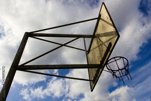 Old basketball chain basket slanted view