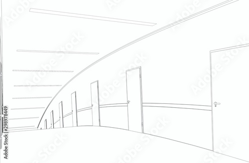 long corridor with doors  contour visualization  3D illustration  sketch  outline