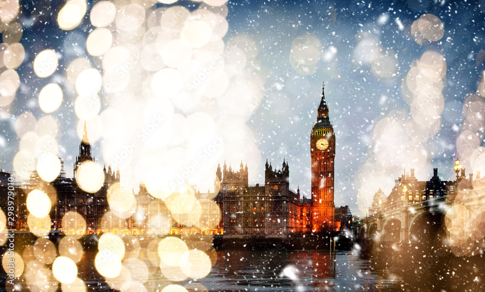 snowing in london - winter in the city - obrazy, fototapety, plakaty 