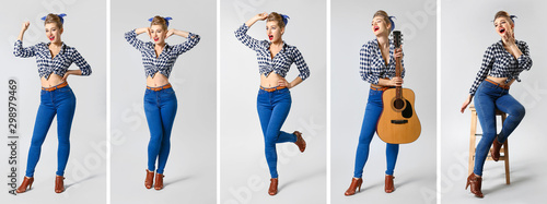 Foto Collage with beautiful pin-up woman on grey background
