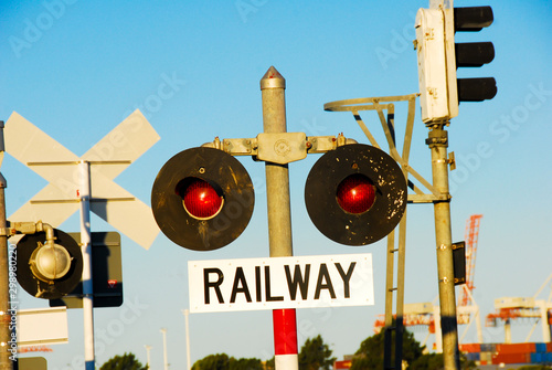 Train signs at a crossing place, Tauranga, New Zealand