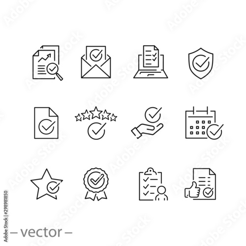 checkmark icons set, confirm terms outline, quality, approve concept, thin line symbols on white background - editable stroke vector illustration eps 10
