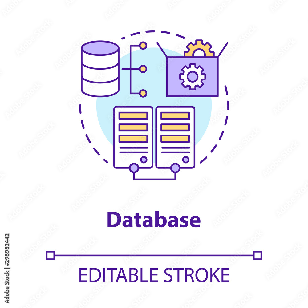Database concept icon. Software development tools idea thin line illustration. Mobile device programming and coding. Application management. Vector isolated outline drawing. Editable stroke