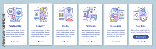 Software development onboarding mobile app page screen with linear concepts. App services programming walkthrough steps graphic instructions. UX, UI, GUI vector template with illustrations