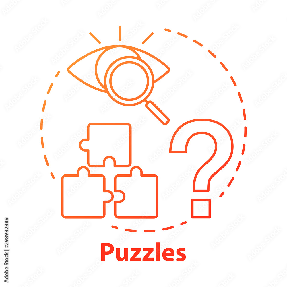 Puzzles red gradient concept icon. Quest game idea thin line illustration. Looking for answer, clues. Jigsaw parts. Solving problem, searching solution. Vector isolated outline drawing Puzzles red gradient concept icon. Quest game idea thin line illustration. Looking for answer, clues. Jigsaw parts. Solving problem, searching solution. Vector isolated outline drawing