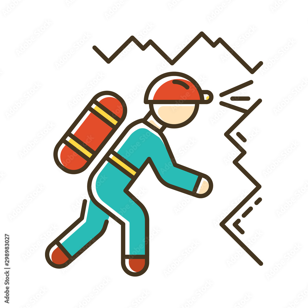 Obraz premium Spelunking color icon. Caving, potholing. Exploring underground caverns. Equipped spelunker, caver. Walking, climbing in caves. Extreme sport. Isolated vector illustration