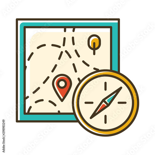 Foot orienteering color icon. Topographical map and compass. Navigating in unfamiliar terrain. Navigation equipment. Hiking, tracking. Marked route. Extreme sport. Isolated vector illustration