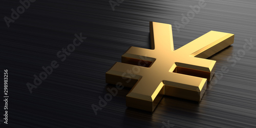Golden yen sign lies on a dark chrome background. 3d rendering illustration photo
