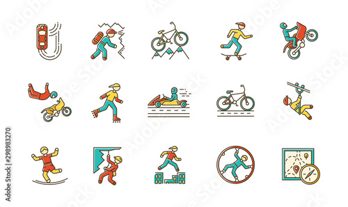 Extreme sports color icons set. Climbing, mountaineering. Spelunking. Cycling, rollerskating. Motorcar racing. People doing stunts. Street culture. Orienteering skill. Isolated vector illustrations