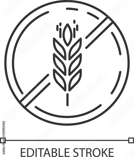 Gluten free linear icon. Organic food. Product free ingredient. Healthy bread. Celiac prevention. Thin line illustration. Contour symbol. Vector isolated outline drawing. Editable stroke