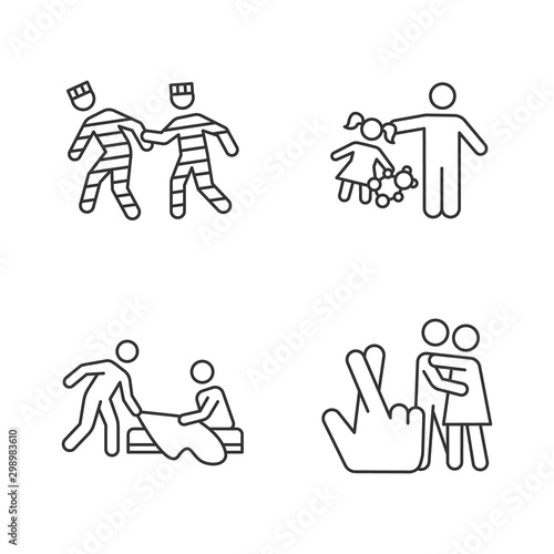 Different rape types linear icons set. Prison, statutory, children, spousal rape. Sexual harassment. Sexual assault. Thin line contour symbols. Isolated vector outline illustrations. Editable stroke