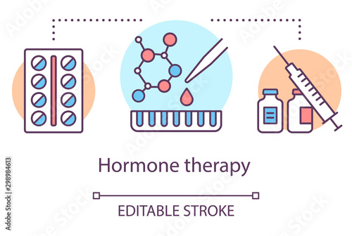 Hormone therapy concept icon. Medical treatment idea thin line illustration. Medicine, pills, medication. Birth control, menopause, cancer. Vector isolated outline drawing. Editable stroke