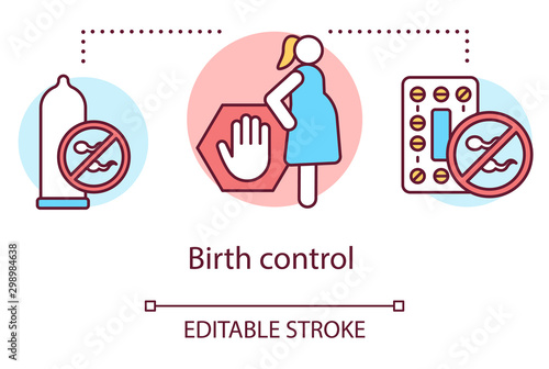 Birth control concept icon. Protected sex idea thin line illustration. Contraception, pregnancy prevention. Reproductive system, fertility. Healthcare vector isolated outline drawing. Editable stroke