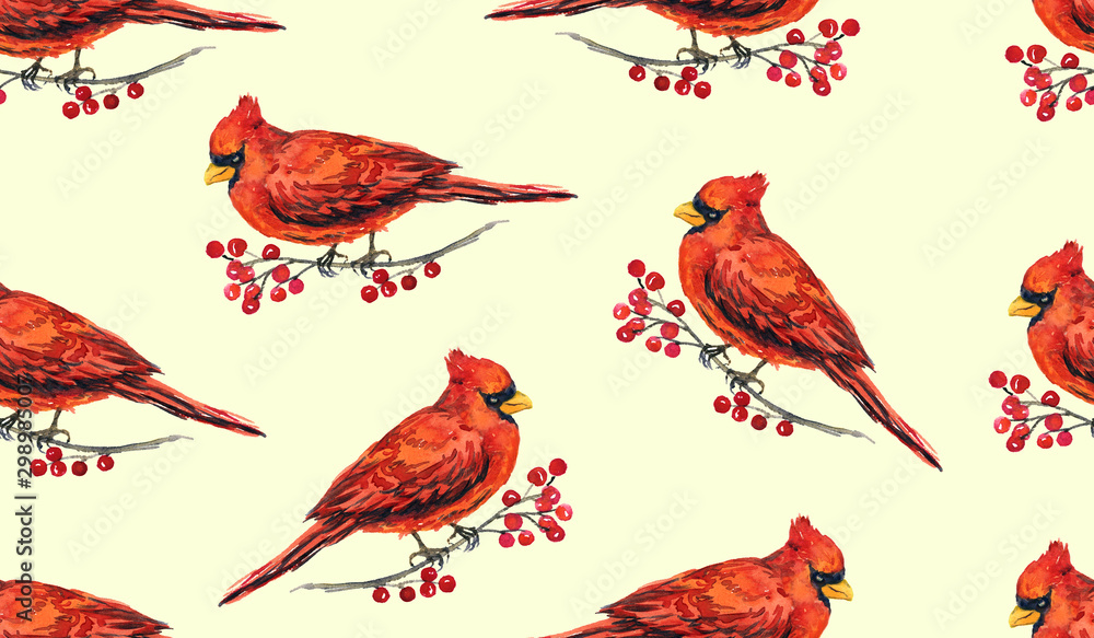 Cardinal birds on branches with red berries, hand painted watercolor illustration, seamless pattern design on soft yellow background