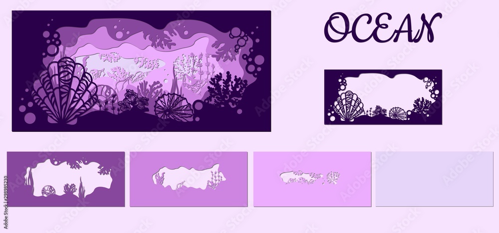 template for making a lamp or postcard. vector image for laser cutting and plotter printing. fauna with marine animals and seashell template for making a lamp or postcard. vector image for laser cutting and plotter printing. fauna with marine animals and seashell