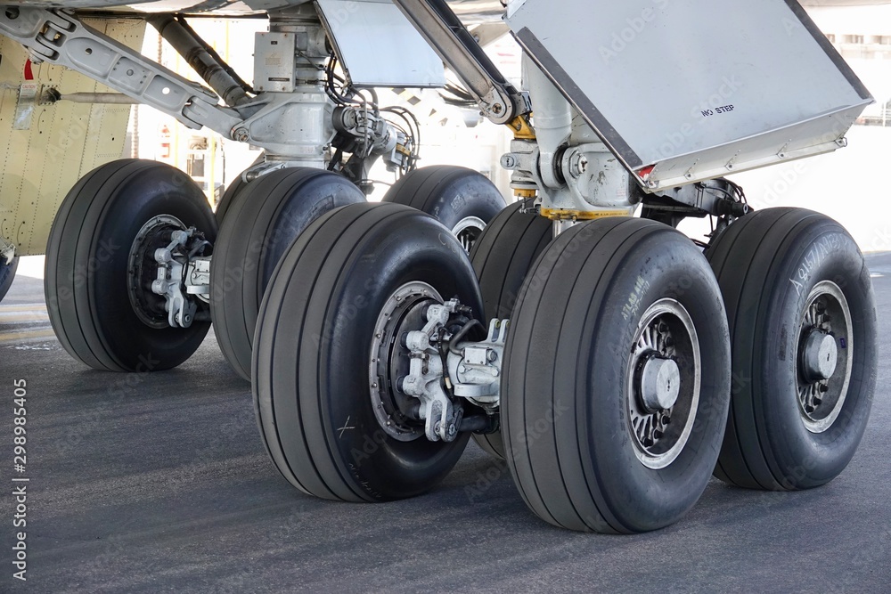 A close up of an airplanes tires
