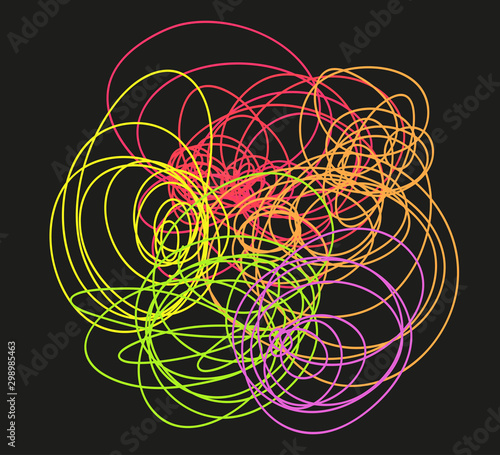 Colorful tangled shape on black. Chaos pattern. Scribble sketch. Bright background with array of lines. Intricate chaotic texture. Print for polygraphy, posters and t-shirts