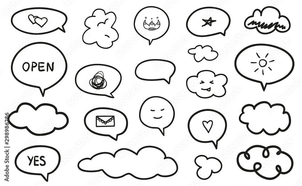 Hand drawn infographic elements on isolation background. Doodles on white. Abstract clouds. Set of think and talk speech bubbles. Black and white illustration Hand drawn infographic elements on isolation background. Doodles on white. Abstract clouds. Set of think and talk speech bubbles. Black and white illustration