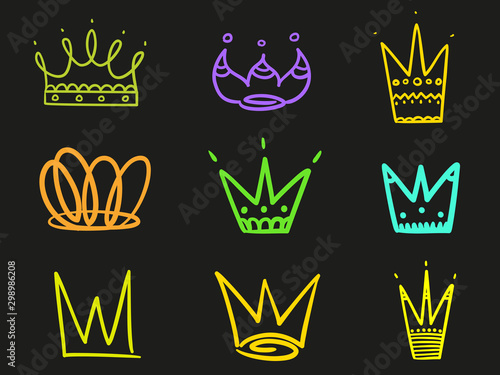 Crowns on isolated black. Hand drawn simple objects. Line art. Colorful illustration. Sketchy elements for design