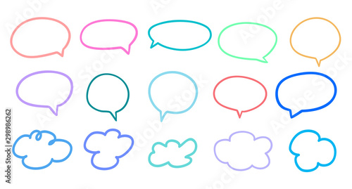 Colorful clouds and speech bubbles on isolation background. Doodles on white. Hand drawn infographic elements. Colored illustration. Sketches for your artworks