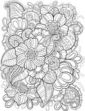 Doodle floral black line composition. Coloring page for coloring book. Black on transparent background floral doodle composition 