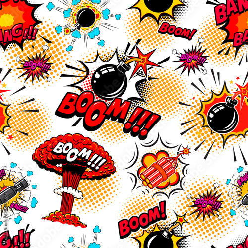 Seamless pattern with comic style bomb burst. Design element for poster, card, banner, t shirt.