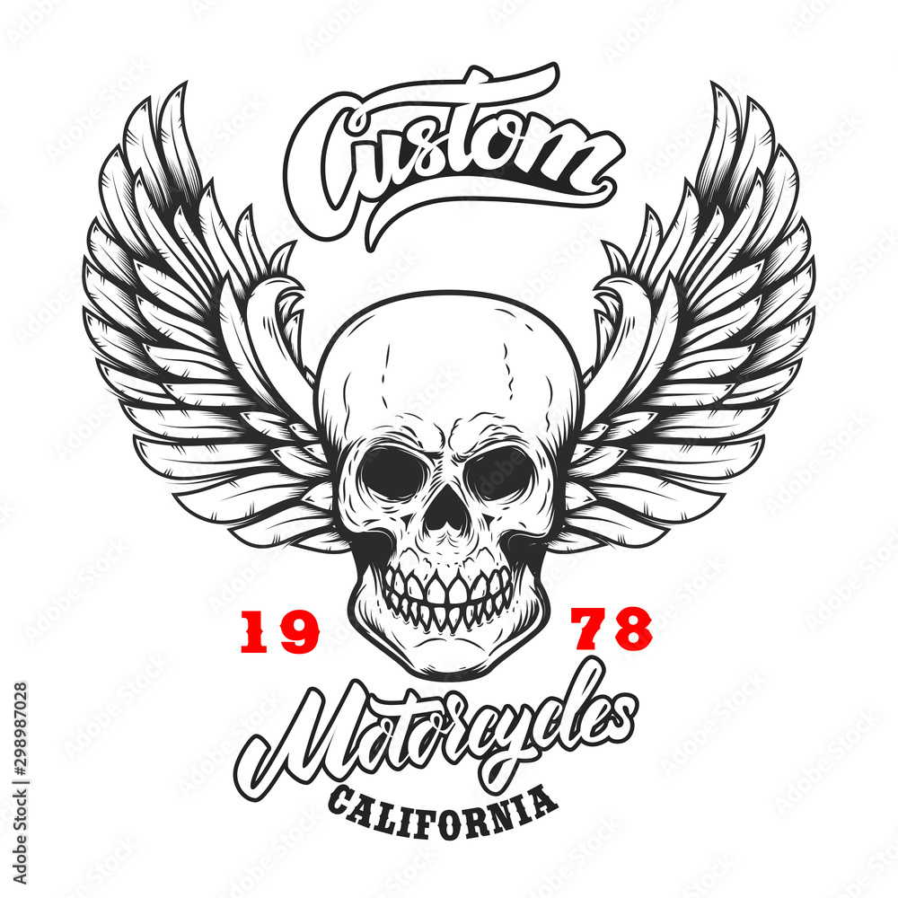 Fototapeta premium Custom motorcycles .Poster template with winged skull. Design element for poster, flyer, card, banner.