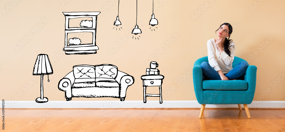 Εκτύπωση καμβά New apartment dream with woman in a thoughtful pose in a chair