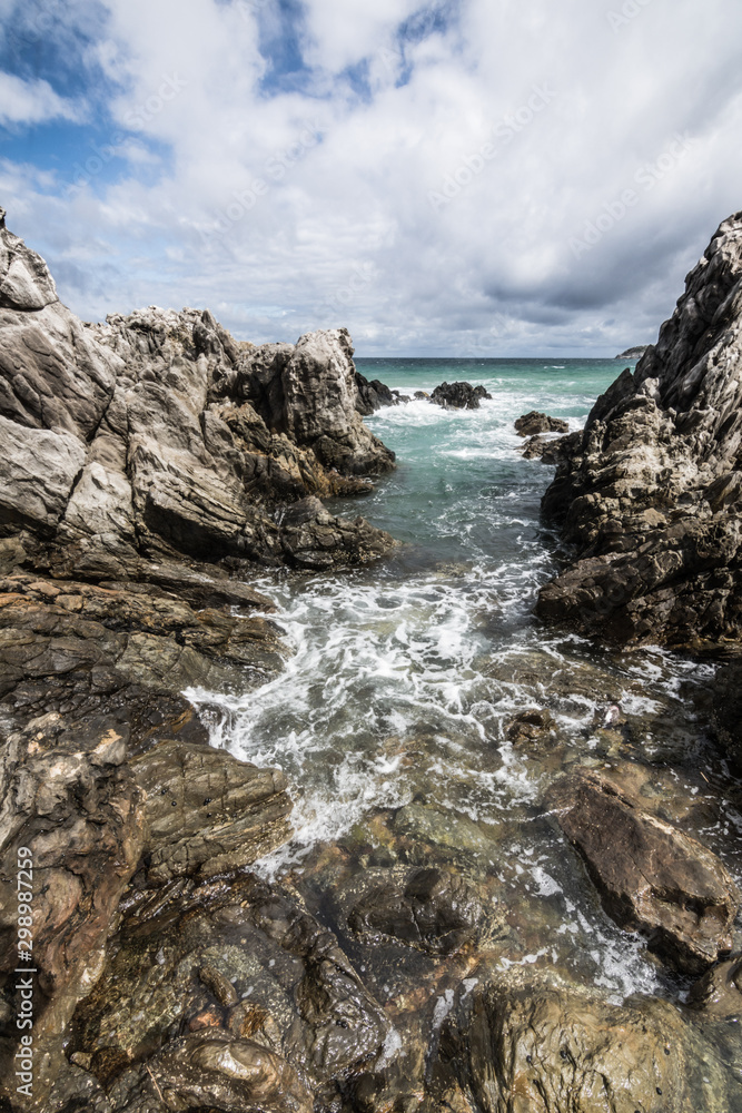 Fototapeta premium Geological upheaval, seascape, ocean rocks. Petrel Cove, South Australia.