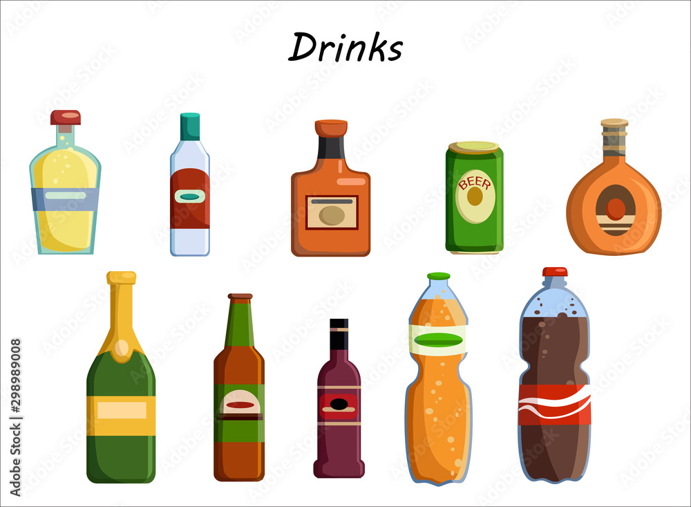 Alcohol drinks collection. Bottles with glasses. Vodka champagne wine