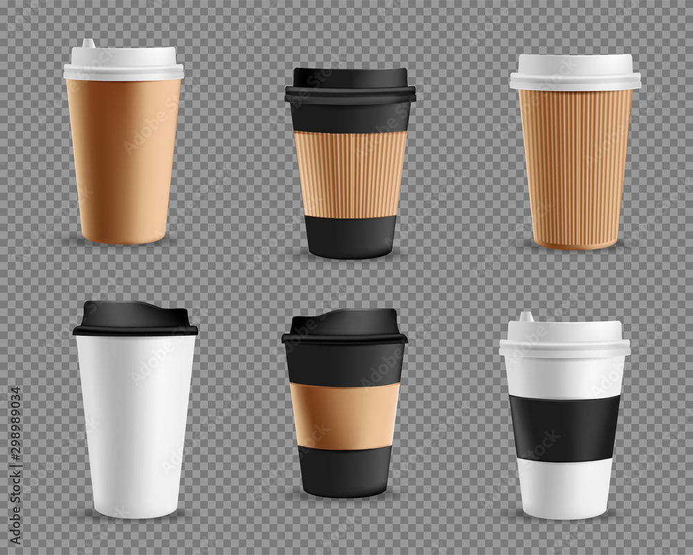 Set of realistic blank mockup paper cups. Coffee to go, take out mug. Vector illustration isolated on transparent background Set of realistic blank mockup paper cups. Coffee to go, take out mug. Vector illustration isolated on transparent background