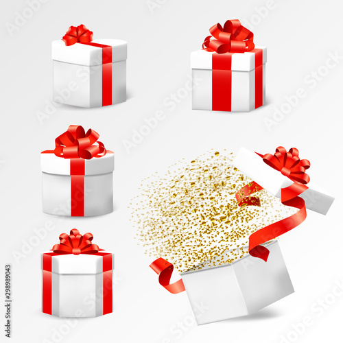 Set of suprise gift boxes with satin red bows. Realistic vector illustration eps 10.