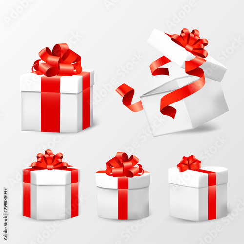 Set of suprise gift boxes with satin red bows. Realistic vector illustration eps 10.