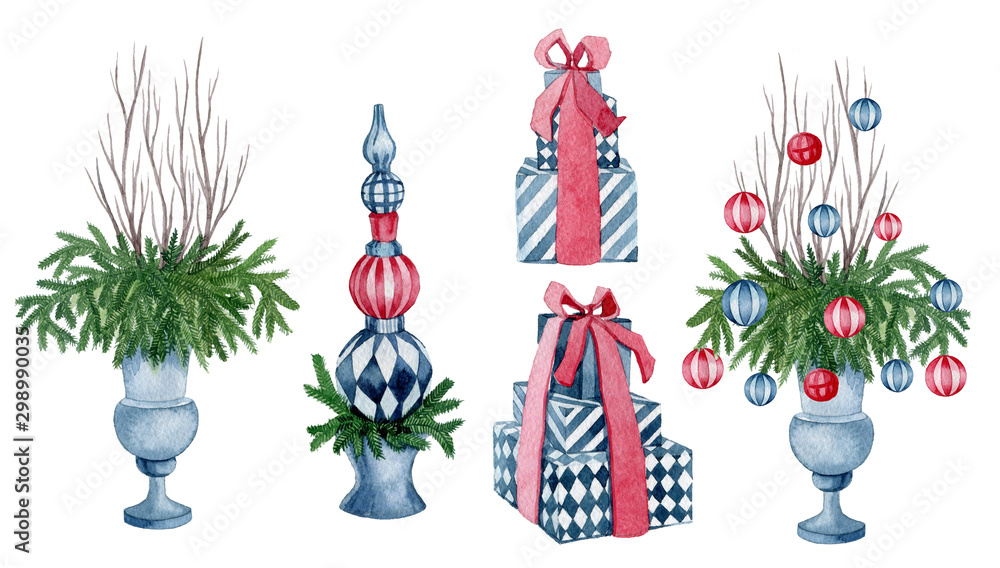 Set of watercolor Christmas decoration, hand drawn on a white background. Christmas decorations with spruce and red berries. Christmas balls.