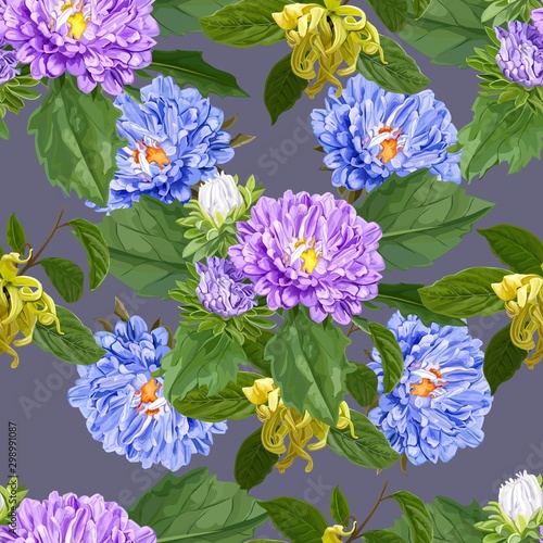 Chrysanthemum and cananga flower seamless pattern on purple background