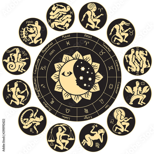 Vector circle of the Zodiac signs with Sun and crescent Moon. Horoscope circle with twelve symbols in antique style for astrological forecasts
