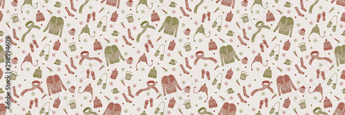 Seasonal Winter Warmer Seamless Border Pattern. Holiday banner with Hand Drawn Flat Doodle Festive Icon. Huggy Knit Hat, Hot Cocoa Mug, Nordic Mittens, Knitted Sweater. Scandi ribbon Trim Vector EPS10