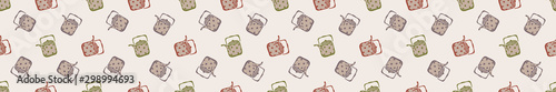 Winter Warmer Kettle Seamless Border Pattern. Holiday background with Hand Drawn Flat Doodle Old fashioned Teapot Icon. Warm Up from the Cold Scandi Hygge Ribbon Trim. Muted Color Banner Vector EPS10