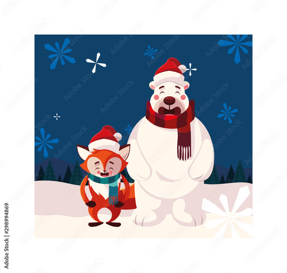 polar bear and fox with hat in winter landscape polar bear and fox with hat in winter landscape
