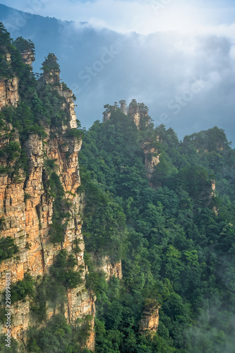 Vertical view of the stone pillars of Tianzi mountains in Zhangjiajie