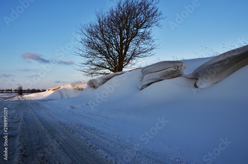 Snowdrifts near road on a cold afternoon