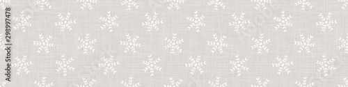 Linen Texture Border Background with White Winter Snowflake. Gray Marl Seamless Pattern. Holiday background Trim. Simple Snowy Scandi Hygge Mood. Cozy Scandinavian Nordic Banner. Vector EPS10