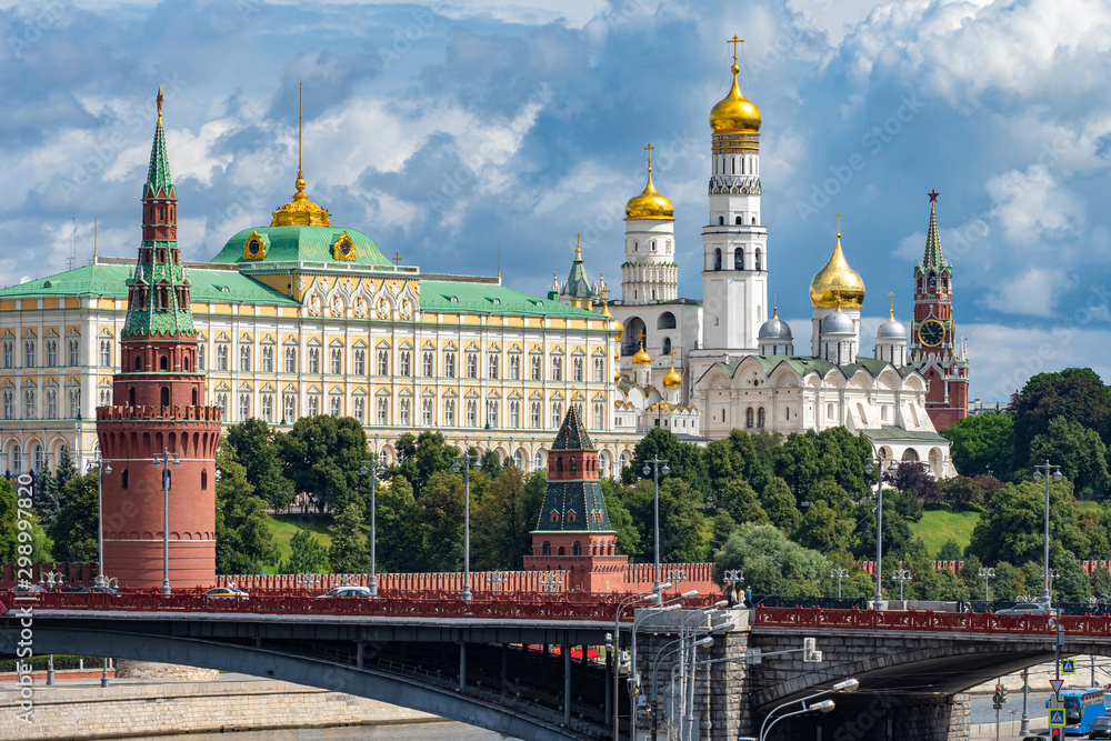 The center of Moscow on a summer day. Russia. Kremlin. Grand Kremlin palace. Churches Of The Moscow Kremlin. Ivan The Great Bell Tower. Symbol of Russia. A trip to the Russian capital in summer.