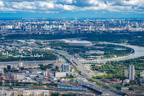 House, river and road from above. View of Moscow. Panorama of the capital of Russia. Urban landscape.