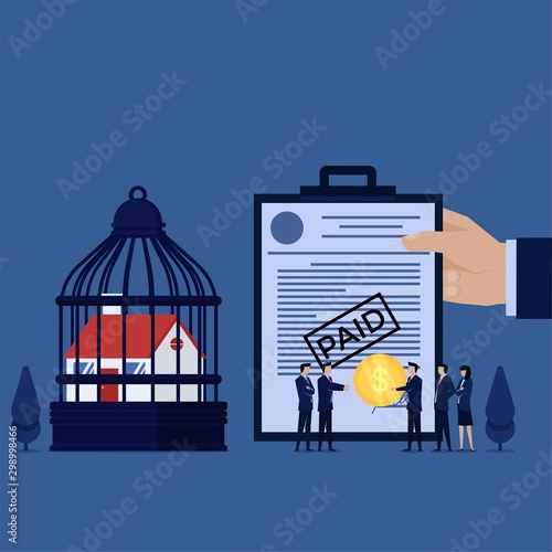 Business flat vector concept man give coin to bank manager to redeem confiscated house metaphor of pay debt.