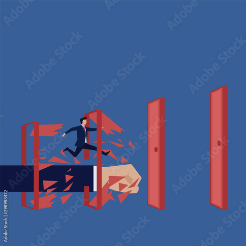 Business flat vector concept man run through break the door metaphor of break the rules.