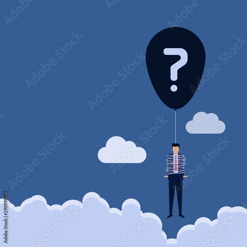 Business flat vector concept man wrapped around a balloon string with question mark metaphor of problem.